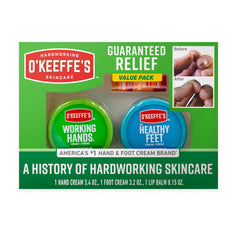 O'Keeffe's giftbox front packaging showing trio and clear benefits