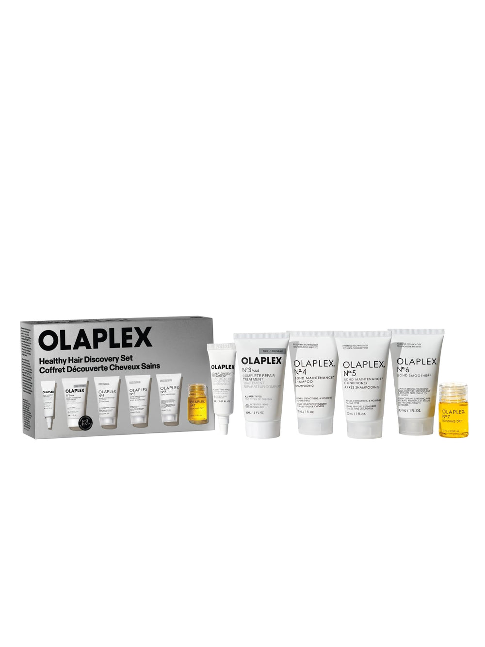 Olaplex front packaging showing full discovery set and product benefits