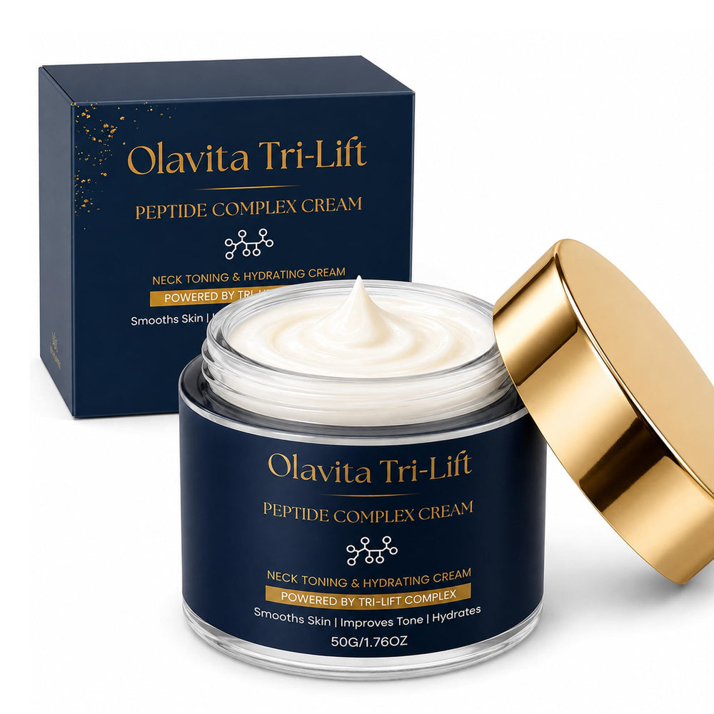 Olavita Tri-Lift jar front view showing elegant packaging and firming promise