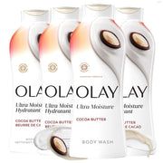 Olay front packaging showing bottle and cocoa butter scent benefits