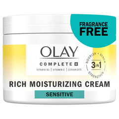 Olay Complete+ front jar showing packaging and clear product name benefit