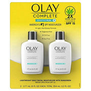 Olay Complete front packaging showing two 6 fl oz tubes and SPF benefit