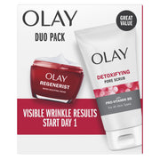 Olay duo front packaging showing both scrub and cream for complete routine