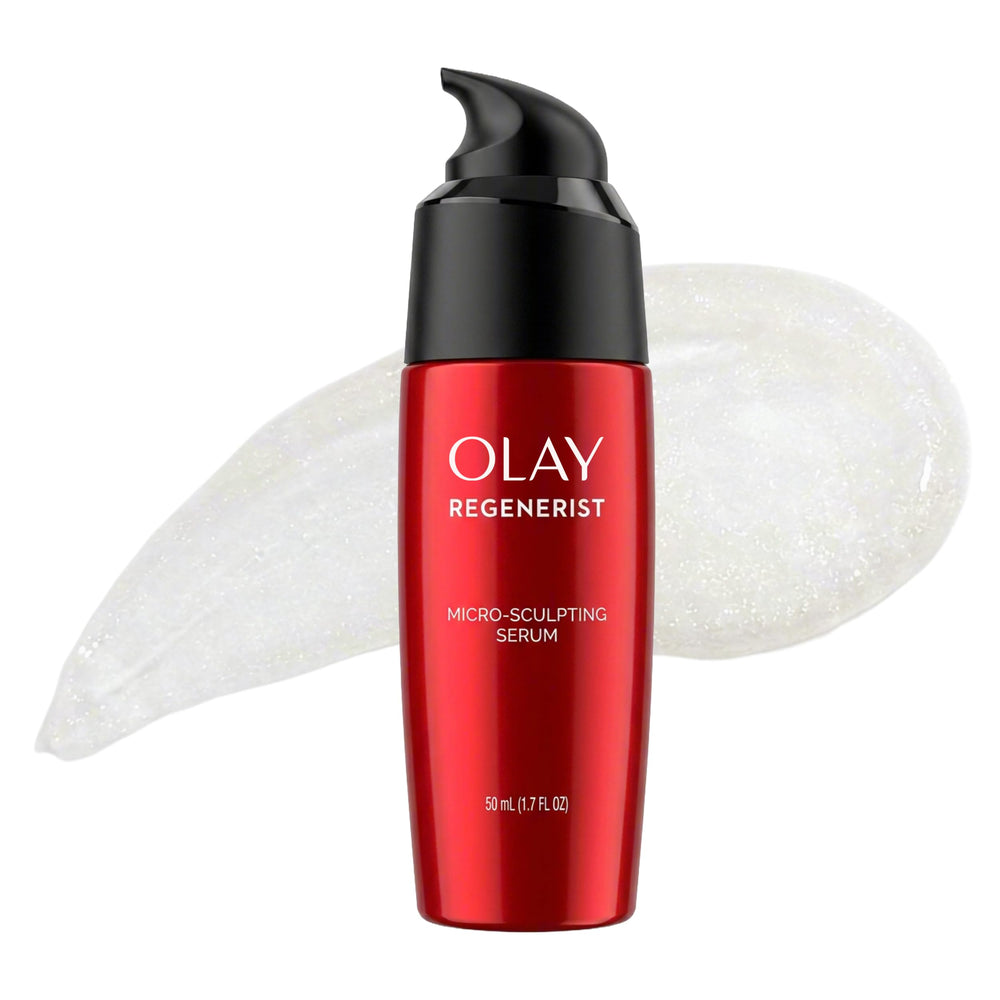 Olay front packaging showing bottle and brand, highlights lightweight serum benefit