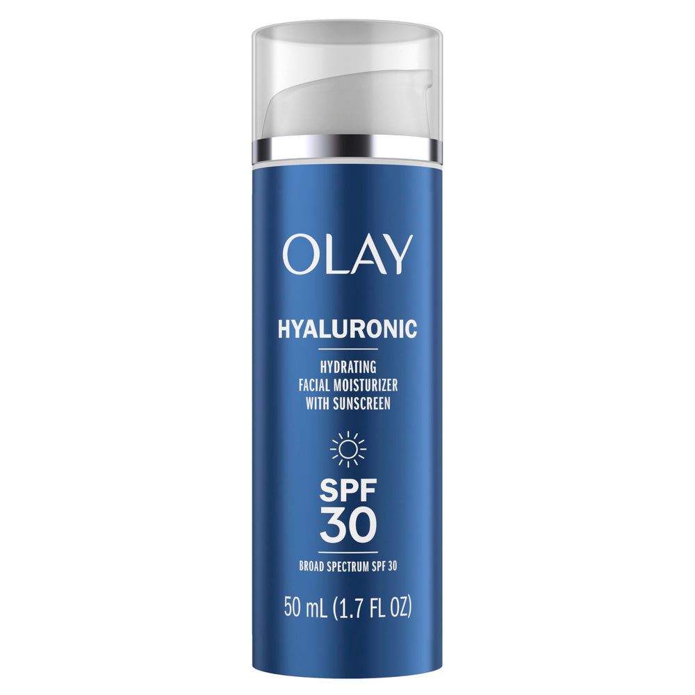 Olay front tube SPF 30 showing product and size benefits
