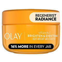 Olay jar front view showing clean design and brightening cream benefits