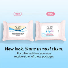 Olay open container top view revealing moist wipes ready to use