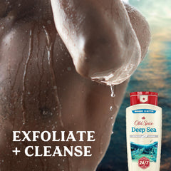 Old Spice bottle label closeup highlighting Deep Sea scent and no parabens