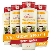 Old Spice bottle front view showing Moisturize Shea Butter scent and benefit of gentle hydration