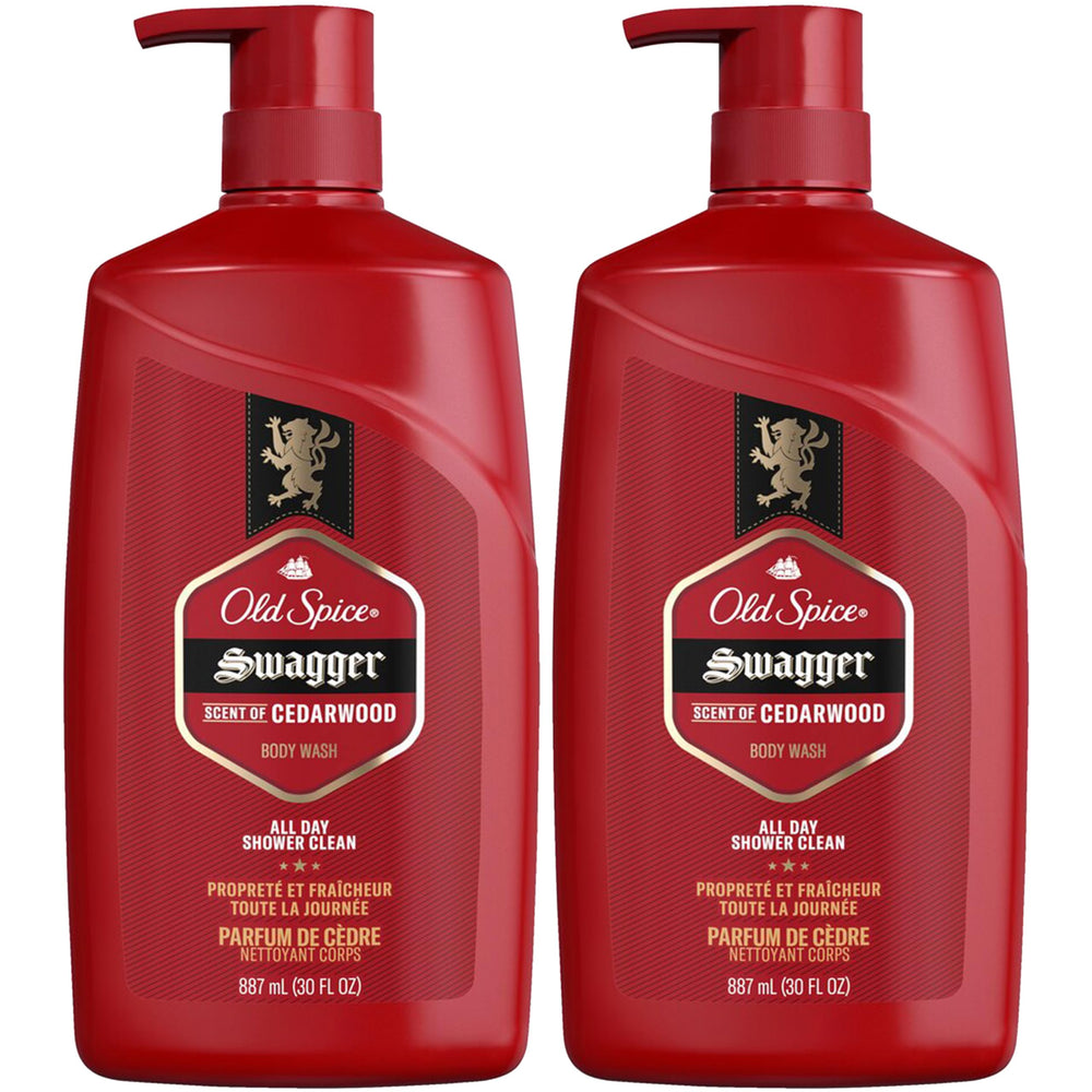 Old Spice Swagger front-packaging showing two 30 oz bottles and bold cedarwood-lime scent benefit