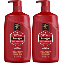 Old Spice Swagger front-packaging showing two 30 oz bottles and bold cedarwood-lime scent benefit
