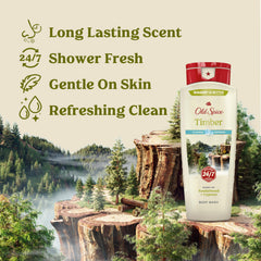 Old Spice Timber close-up label highlighting sandalwood and cypress scent benefits