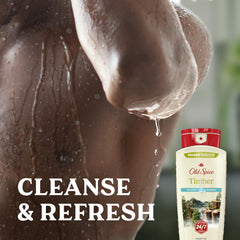 Old Spice Timber pouring into hand with lather demonstrating effective cleansing