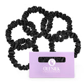 OLESILK front packaging showing five silk scrunchies, gift-ready