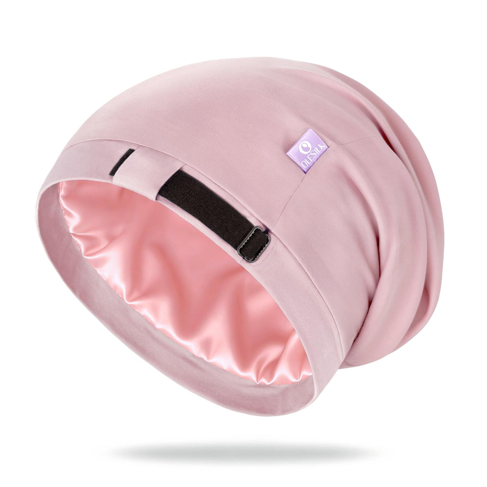 OLESILK pink bonnet front view showing smooth fit and nightly hair protection