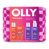 OLLY front packaging of Rest & Rise set showing all four bottles and benefits