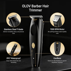 OLOV barber close-up of T-blade showing sharp edge for precise detailing