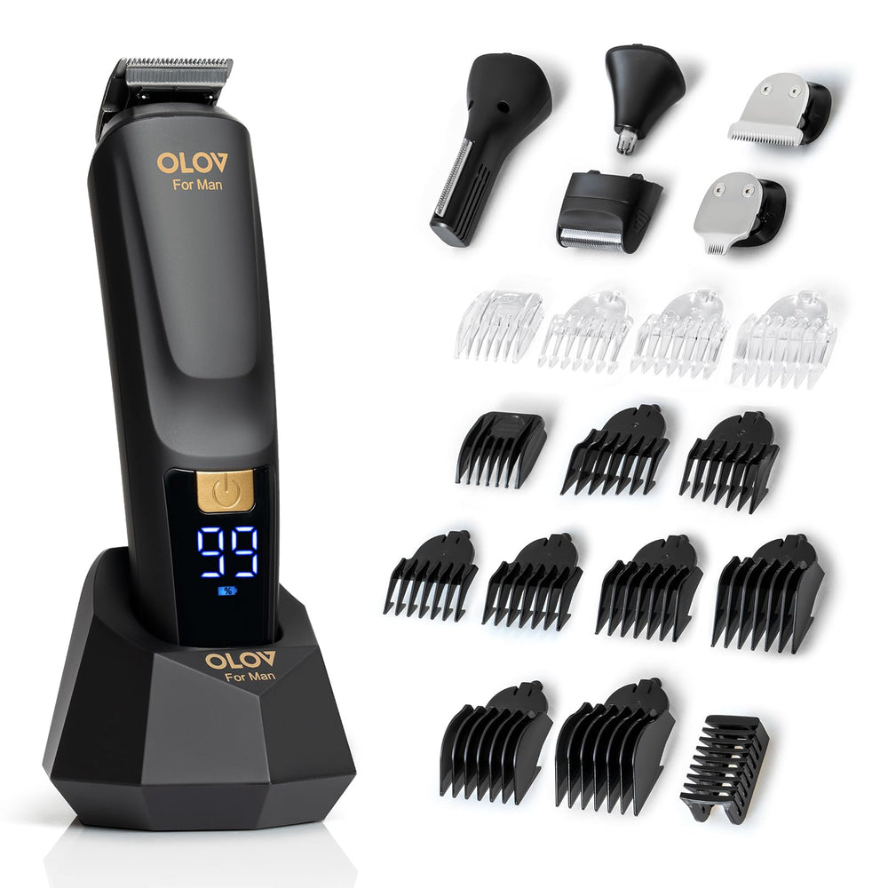 OLOV For Man grooming kit front view showing full 21-piece set and storage benefits