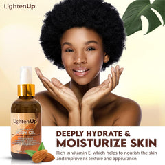 OMIC Lighten-Up bottle beside shea and almond, highlights natural ingredients benefit