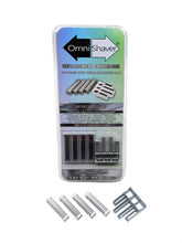 OmniShaver front packaging showing four cartridges and tool, clear contents benefit