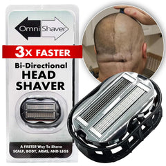 OmniShaver front view showing sleek black design and fast shave benefit