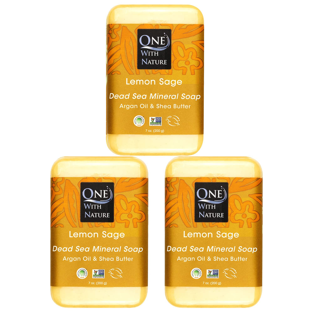 One With Nature front pack showing three lemon sage bars, highlights value