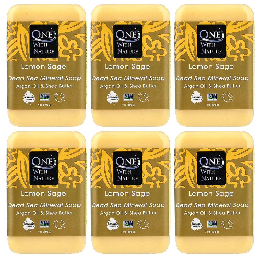 One With Nature Lemon Sage front packaging showing six 7-ounce bars, natural minerals benefit