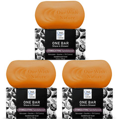One With Nature front packaging showing three sandalwood bars, promotes convenience