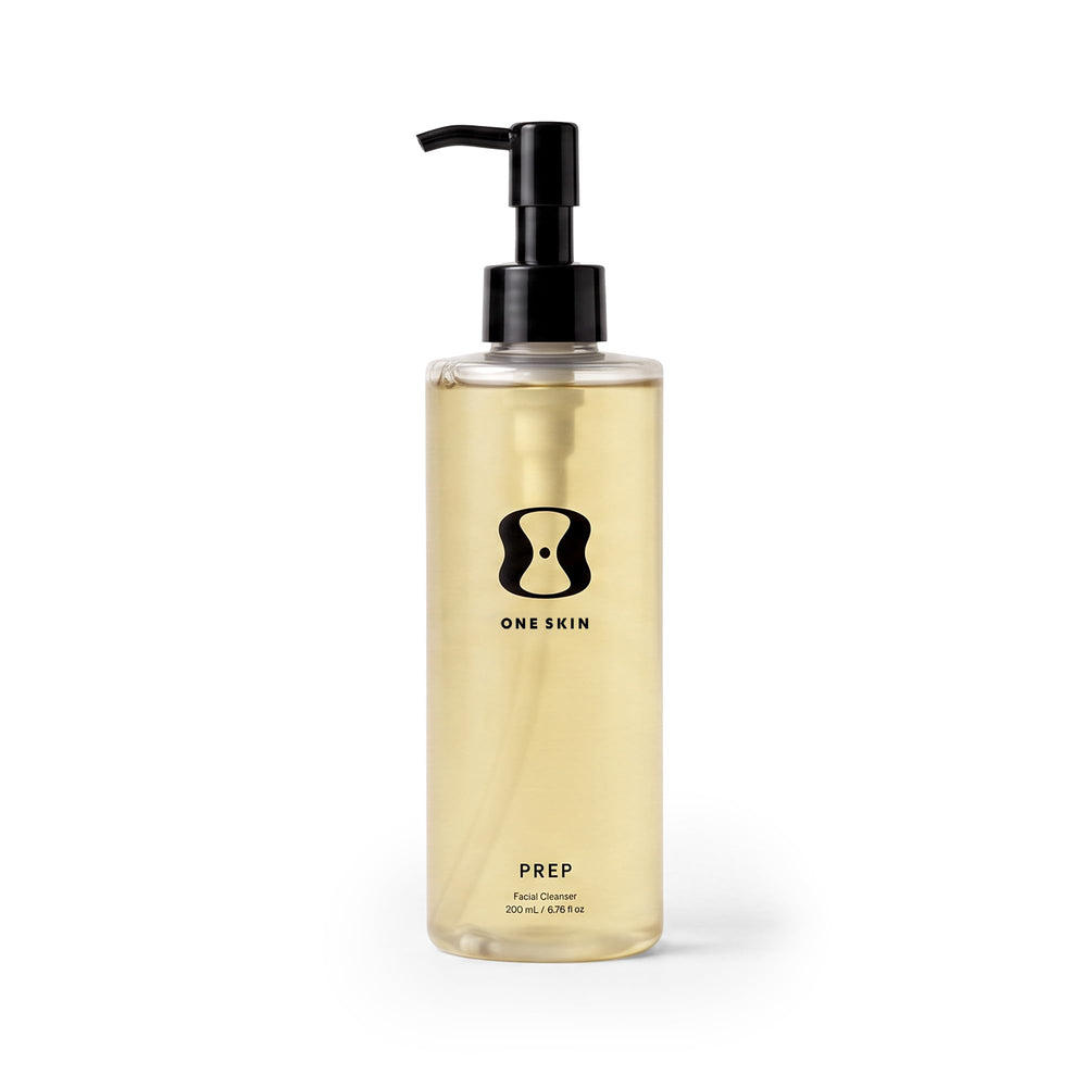 oneskin bottle front view showing PREP cleanser and clear benefits on label