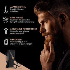 ONTAKI scissors in hand demonstrating precision trim control for accurate beard shaping