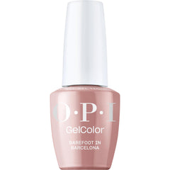 OPI bottle front view showing Barefoot in Barcelona shade and glossy finish benefit