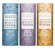 Ora's Amazing Herbal front packaging showing three scented 2.5 oz tins for fresh, talc-free use