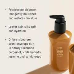 ORIBE pouring refill into a 300 mL bottle to show easy transfer and reduced waste