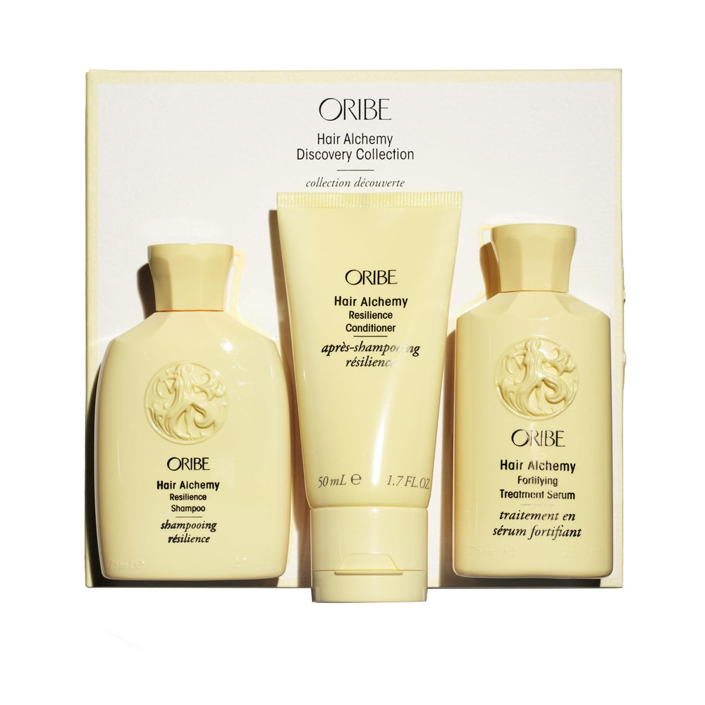 Oribe Hair Alchemy front packaging showing travel trio and luxury finish