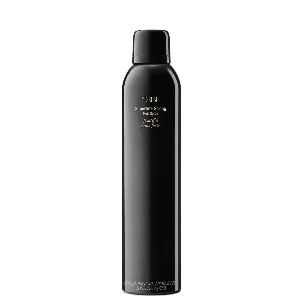 ORIBE front packaging shot showing strong-hold hairspray and glossy finish benefit