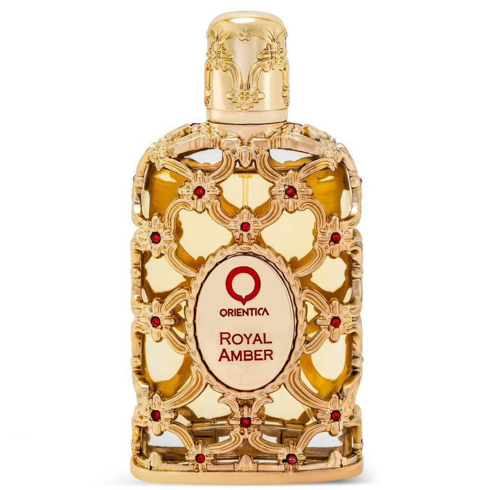 Orientica bottle front view showing elegant amber perfume and refined packaging benefit: premium presentation