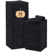 Orighty front pack of 48 black towels showing quantity and convenience