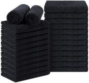 Orighty front view of 24-pack black salon towels, professional supply benefit