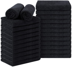 Orighty front view of 24-pack black salon towels, professional supply benefit