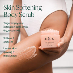 OSEA close-up of scrub texture and pink Himalayan salt, shows exfoliant effectiveness