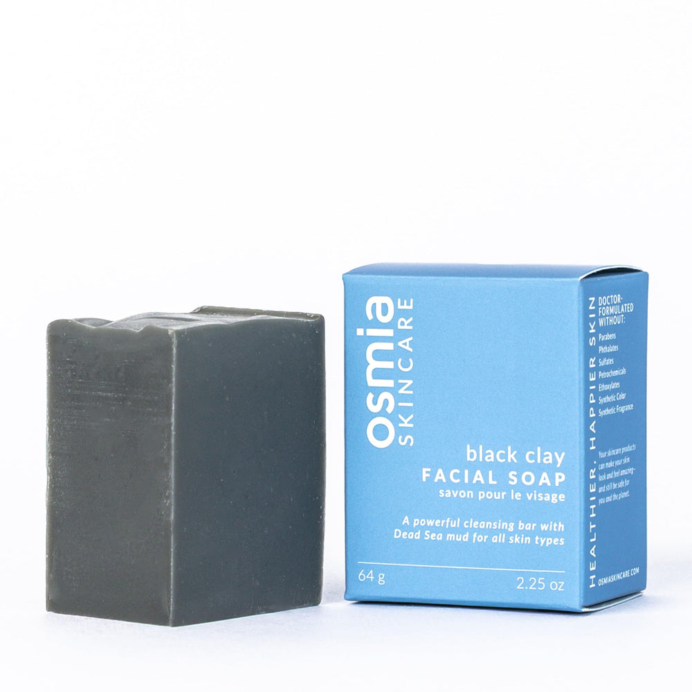Osmia front packaging showing black clay bar and clear labeling benefit: mineral-rich cleansing