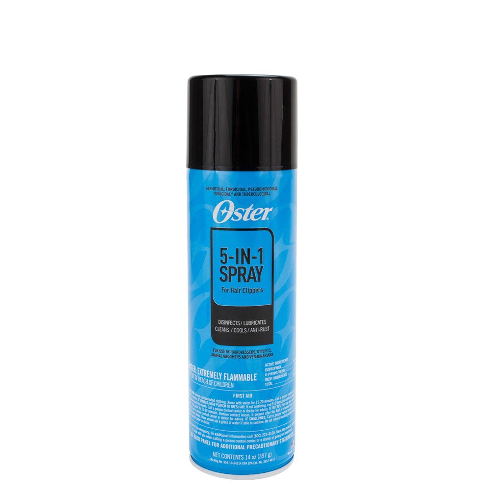 Oster spray can front view showing label and 14 oz capacity for blade care