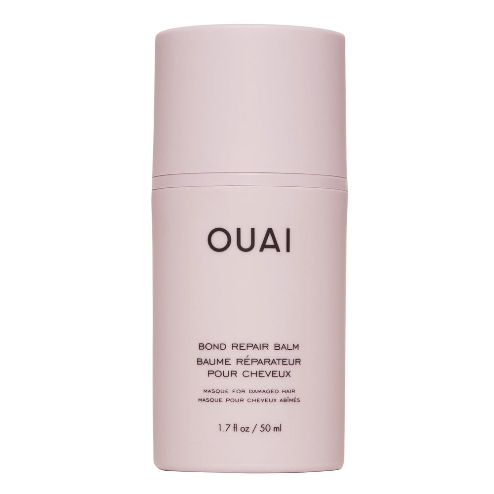 OUAI Bond Repair Balm front packaging showing compact travel tube and benefits