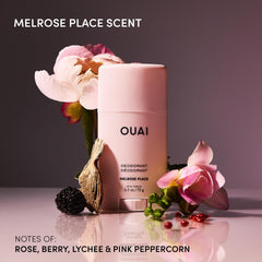 OUAI deodorant packaging detail highlighting label and portability benefit