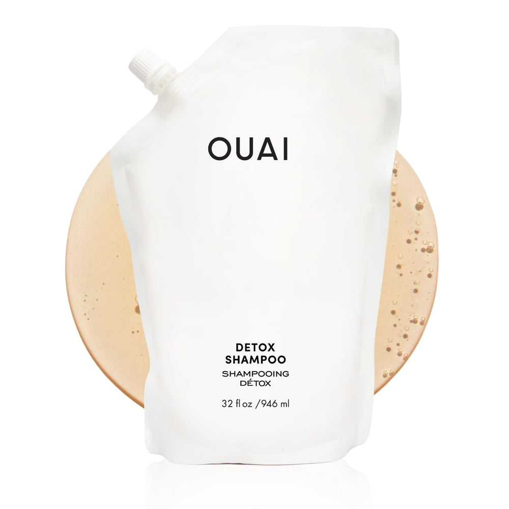 OUAI front label of 32 oz detox shampoo showing product identity and clarity