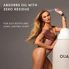 OUAI dry shampoo can side label showing product details and benefits
