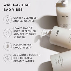 OUAI foamy lather on hands demonstrating gentle cleansing and hydrating feel