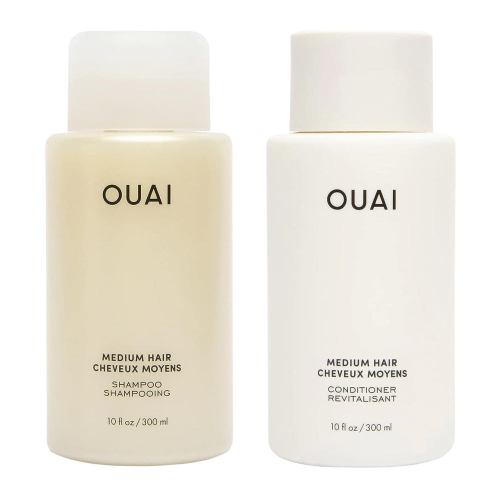 OUAI medium shampoo and conditioner front packaging showing full set and benefits