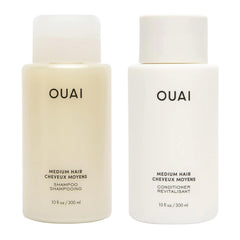 OUAI medium shampoo and conditioner front packaging showing full set and benefits