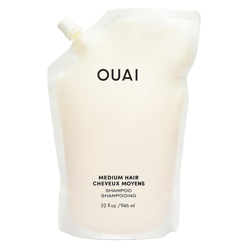 OUAI Medium shampoo refill front label showing product identity and benefits